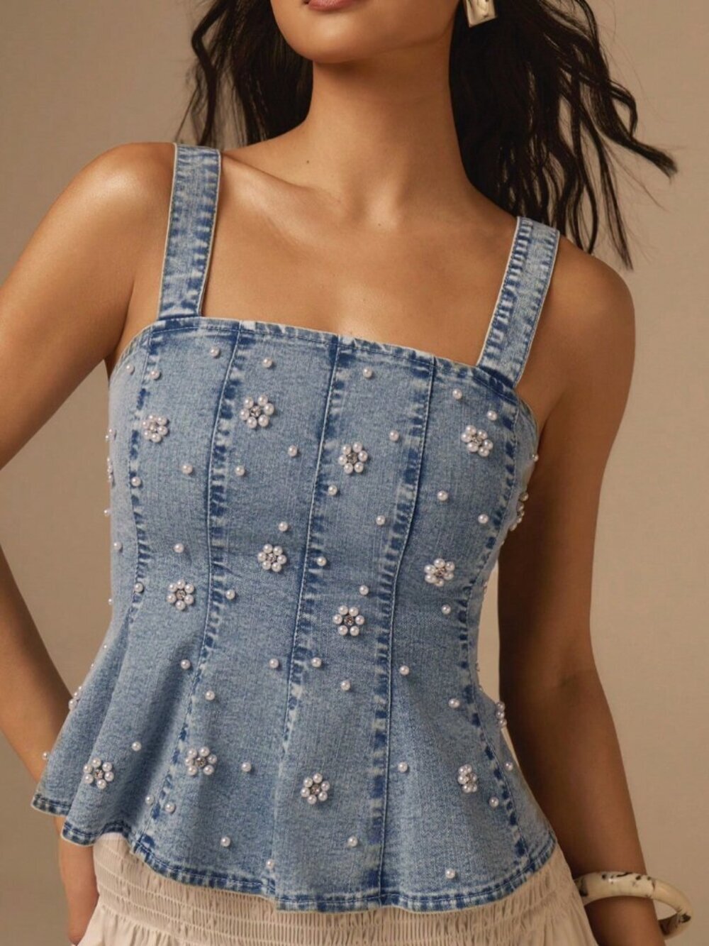 Blue Elegant Women's Exquisite faux Pearl-Embroidered Sleeveless Denim Top